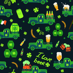 Naklejka premium Saint Patrick's day background, seamless pattern with Shamrock cloves vintage Truck and beer Glass, bottles, draft beer. Beer theme