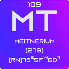 Meitnerium Mt  Chemical Element vector illustration diagram, with atomic number, mass and electron configuration. Simple gradient design for education, lab, science class.