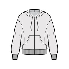 Zip-up Hoody sweatshirt technical fashion illustration with long sleeves, oversized body, kangaroo pouch, knit rib cuff, banded hem. Flat large template front, grey color. Women, men unisex CAD mockup