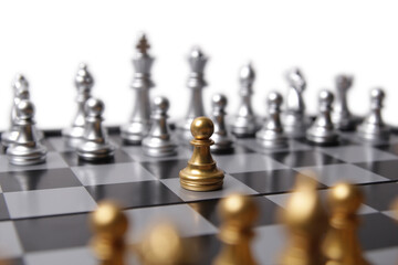 Gold and silver chess game on white background. A soldier confronts the opponent. chess board game