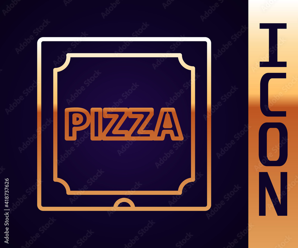 Poster gold line pizza in cardboard box icon isolated on black background. box with layout elements. vector