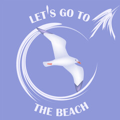 Seagull close-up, abstract wave, - vector. Summer rest. Travel banner. Let's go to the beach