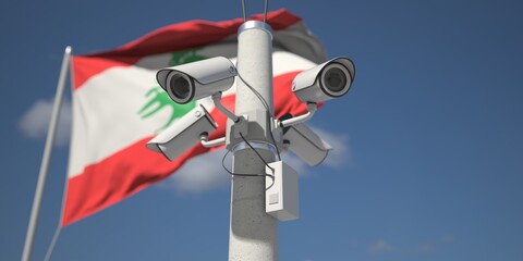 Naklejka na ściany i meble Waving flag of Lebanon and the security cameras. 3d rendering