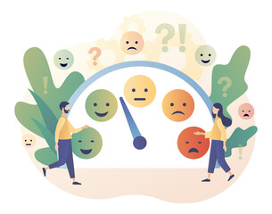Emotions scale. Mood concept. Excellent, good and normal, bad and awful. Tiny people leave feedback. Emoji set for mood tracker. Modern flat cartoon style. Vector illustration on white background