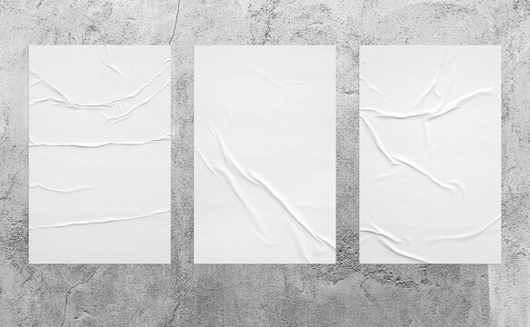 three vertical glued paper on the aged grey wall. wrinkled texture surface can be used for mockup poster, campaign, promotion in street theme. realistic shabby 3d texture illustration. © freeject.net