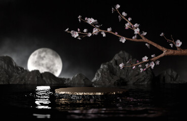 stone product display podium showcase with water reflection and blossom Sakura flowers on moon light night background. 3D rendering.