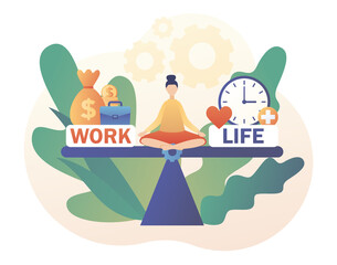 Tiny woman sitting in lotus position and keep harmony. Work and life balance. Choose between career and money versus love and time. Leisure or business. Modern flat cartoon style. Vector illustration 
