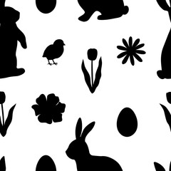 Seamless pattern Easter bunny silhouettes bird flowers vector illustration