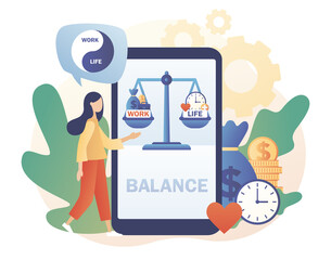 Tiny woman keep harmony choose between career and money versus love and time. Scales on smartphone screen as symbol of work and life balance. Modern flat cartoon style. Vector illustration