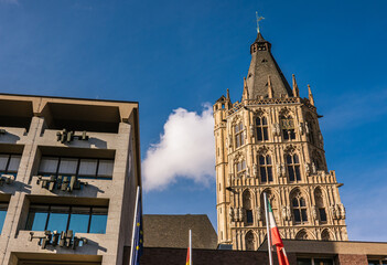 Cologne Koln, Germany: Modern and Old part of the City Hall Building (Kolner Rathaus) with Blue Sky