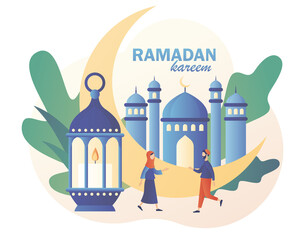 Ramadan Kareem. Tiny people greet each other Eid mubarak holiday. Muslim Feast. Holy Month, lantern for pray at night and mosque. Modern flat cartoon style. Vector illustration on white background