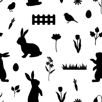 Seamless pattern Easter bunny silhouettes bird flowers vector illustration