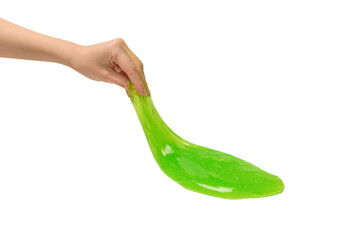 Green slime toy in woman hand isolated on white background.
