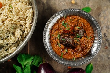 Bagara Baingan served with Bghare Rice - Hyderabadi Eggplant Curry