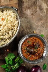 Bagara Baingan served with Bghare Rice - Hyderabadi Eggplant Curry
