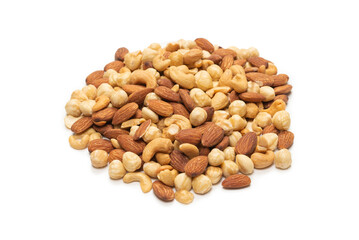 Mix of nuts isolated on white background. Top view.