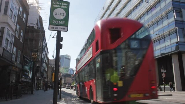 ULEZ Stock Footage London, UK - April 9 2019: ULEZ (Ultra Low Emission Zone) London Prepare Ultra Low Emission Zone (ULEZ) Warning Sign Central London.