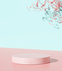 Product display podium with nature leaves on pink background. 3D rendering