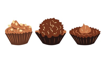 A set of three different chocolates in chocolate cups. Sweets are decorated with whole and crushed hazelnuts. Vector color illustration.