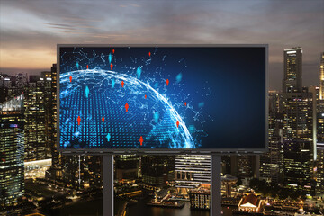 World planet Earth map hologram and social media icons on billboard over night panoramic city view of Singapore, Southeast Asia. Networking and establishing new connections between people. Globe