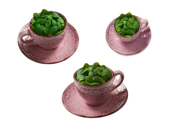 Mint leaves in a cup isolated on white background.