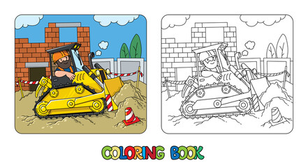 Construction worker in a bulldozer. Coloring book
