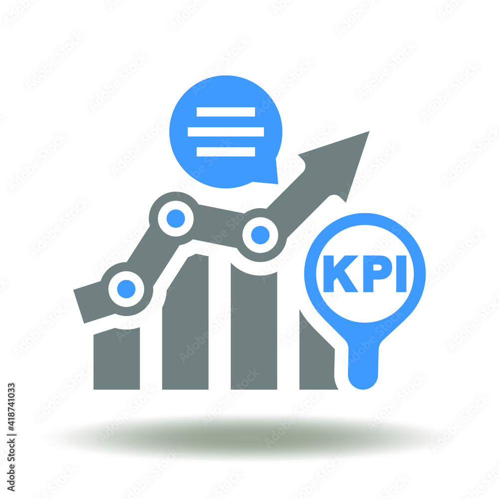 Poster graph with growth arrow, speech bubble, magnifying glass and kpi vector icon. kpi data achievement a