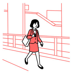 Business scene: Woman walking town. Vector illustration.