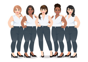 Fototapeta na wymiar Set of Plus size female in white sleeveless shirt and jeans standing together on white background vector