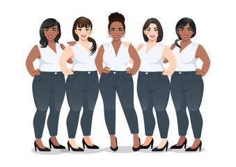 Obraz premium Set of Plus size female in white sleeveless shirt and jeans standing together on white background vector