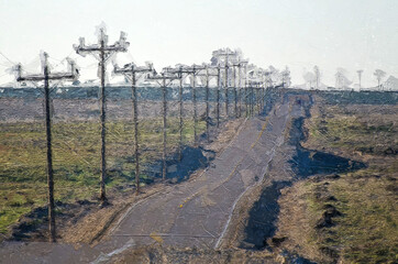 Impressionistic Style Artwork of Utility Poles Standing Beside the Desert Road
