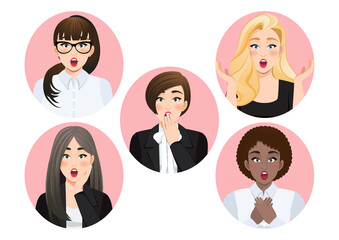 Set of surprised diverse business women vector