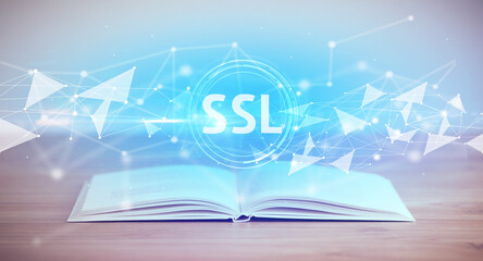 Open book with SSL abbreviation, modern technology concept