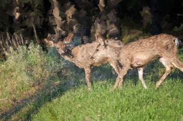 Impressionistic Style Artwork of Deer Walking Freely Across an Open Field