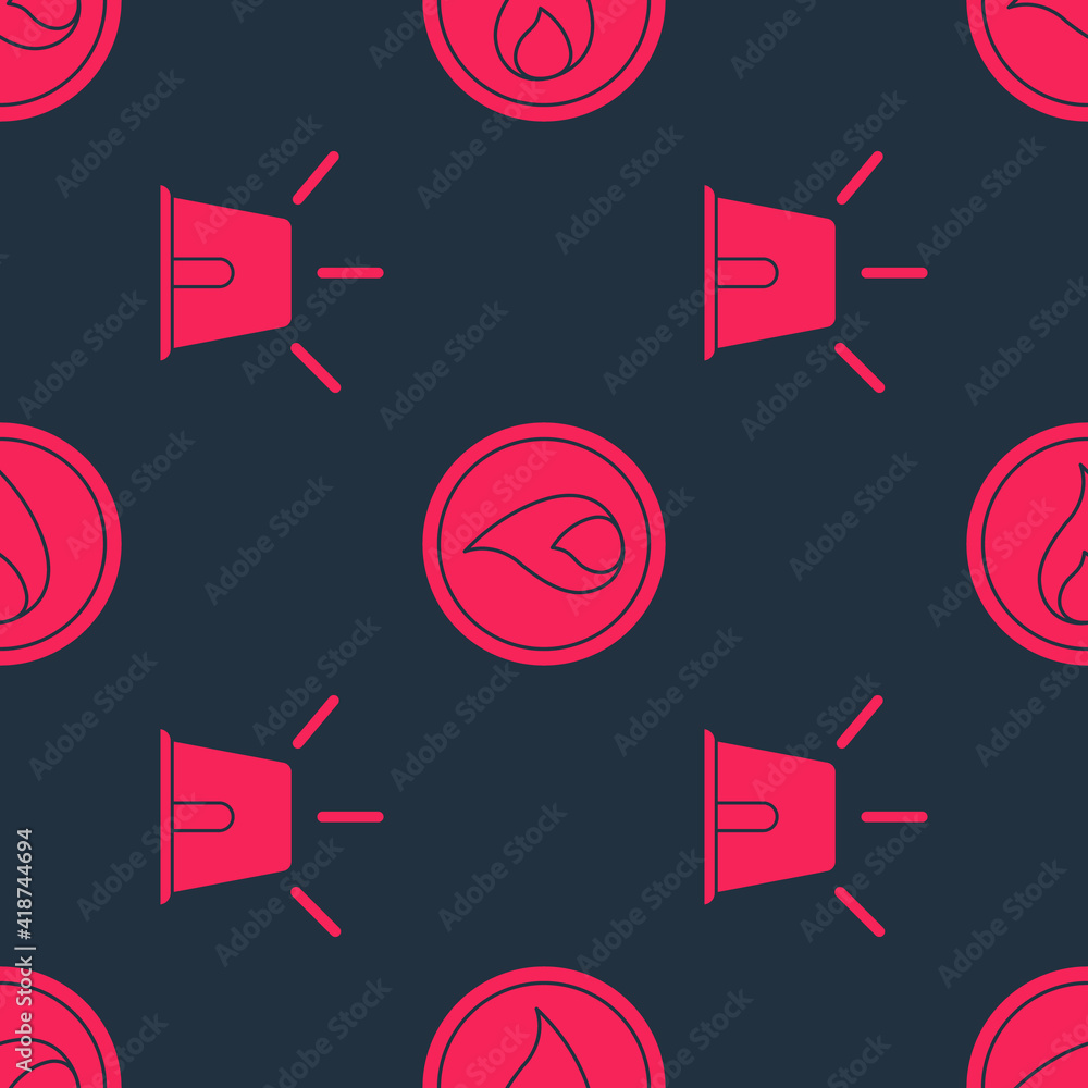 Poster set flasher siren and fire flame on seamless pattern. vector.