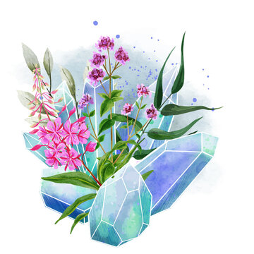 Crystal gems with flowers, full color decorative art