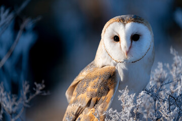 barn owl (Tyto alba) at morning in winter time.