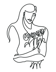 One line drawing of  woman holding bouquet of tulips in her hands.
One continuous line drawing of  woman and flowers.