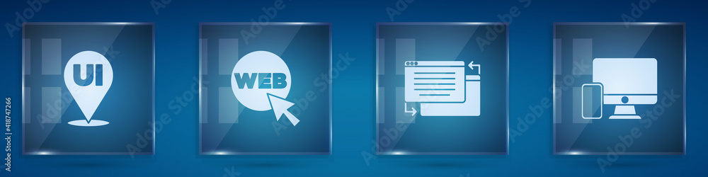 Poster set ui or ux design, web and graphic, and monitor mobile. square glass panels. vector.