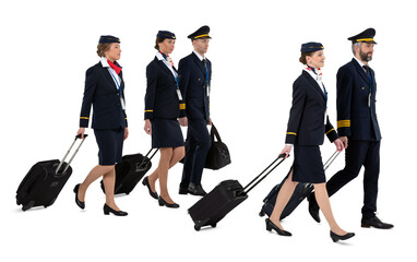 Aircrew walking and pulling their trolley suitcases isolated on white background