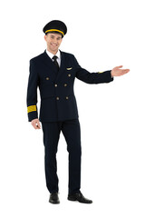 Young and handsome airline pilot standing and welcoming people on board isolated on white background © Martin