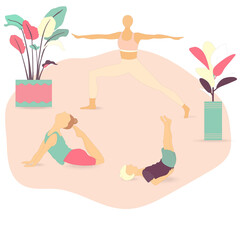 Healthy Family with Two Kids Doing Asanas