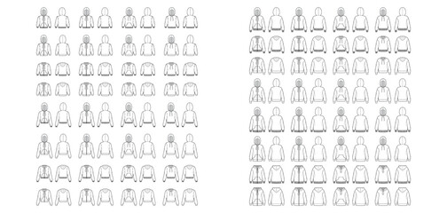 Set of Zip-up Hoody sweatshirt technical fashion illustration with long sleeves, oversized body, kangaroo pouch, rib cuff. Flat template front, back, white, grey color. Women, men, unisex CAD mockup © Vectoressa