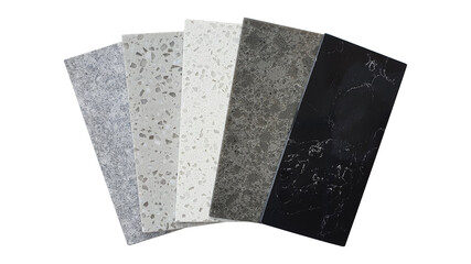 interior artificial stone samples swatch containing black marble ,grey terrazzo ,grey stone isolated on white backgrond with clipping path. stone material for counter top ,table top finishing.  