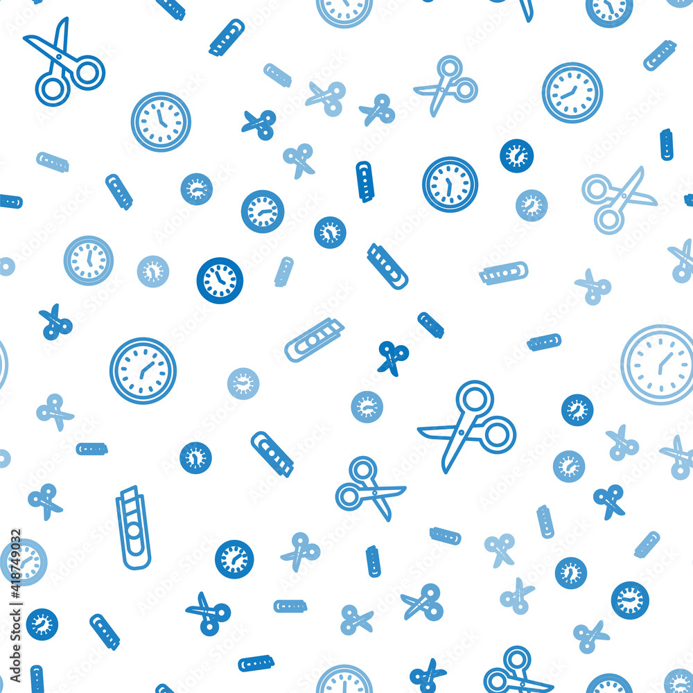 Poster set line stationery knife, scissors and clock on seamless pattern. vector.