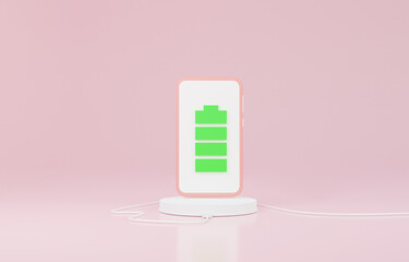 Wireless charging technology of  smartphone battery concept. charger on pink base background 3d illustration minimal style, banner, website, copy space