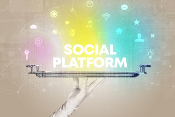 Waiter serving social networking with SOCIAL PLATFORM inscription, new media concept