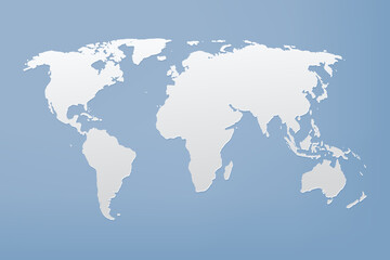 Grey world map on blue background