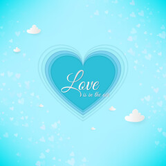 Paper art heart, love Invitation card. Valentine's day abstract background. Clouds, paper cut blue heart