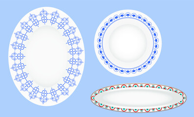 set of three isolated plates with Mediterranean ornament.